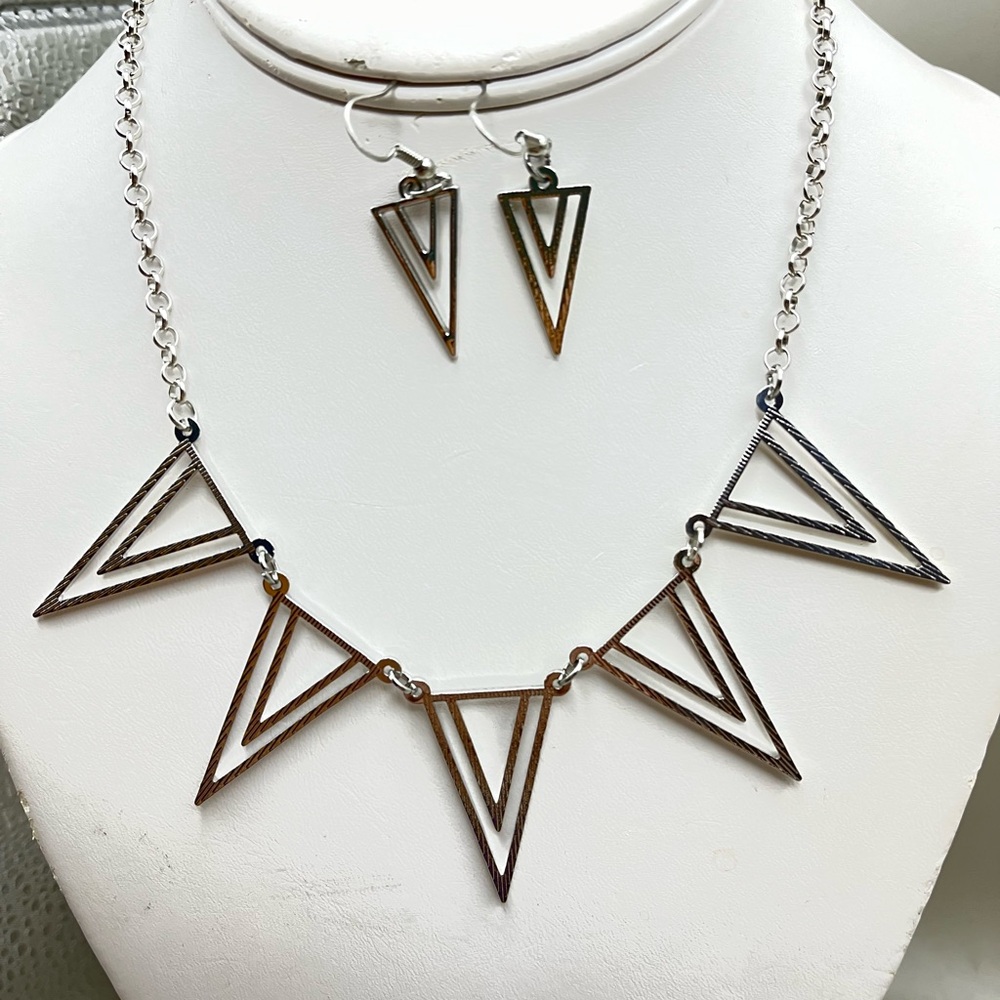 Geometric Silver Necklace and Earring Set